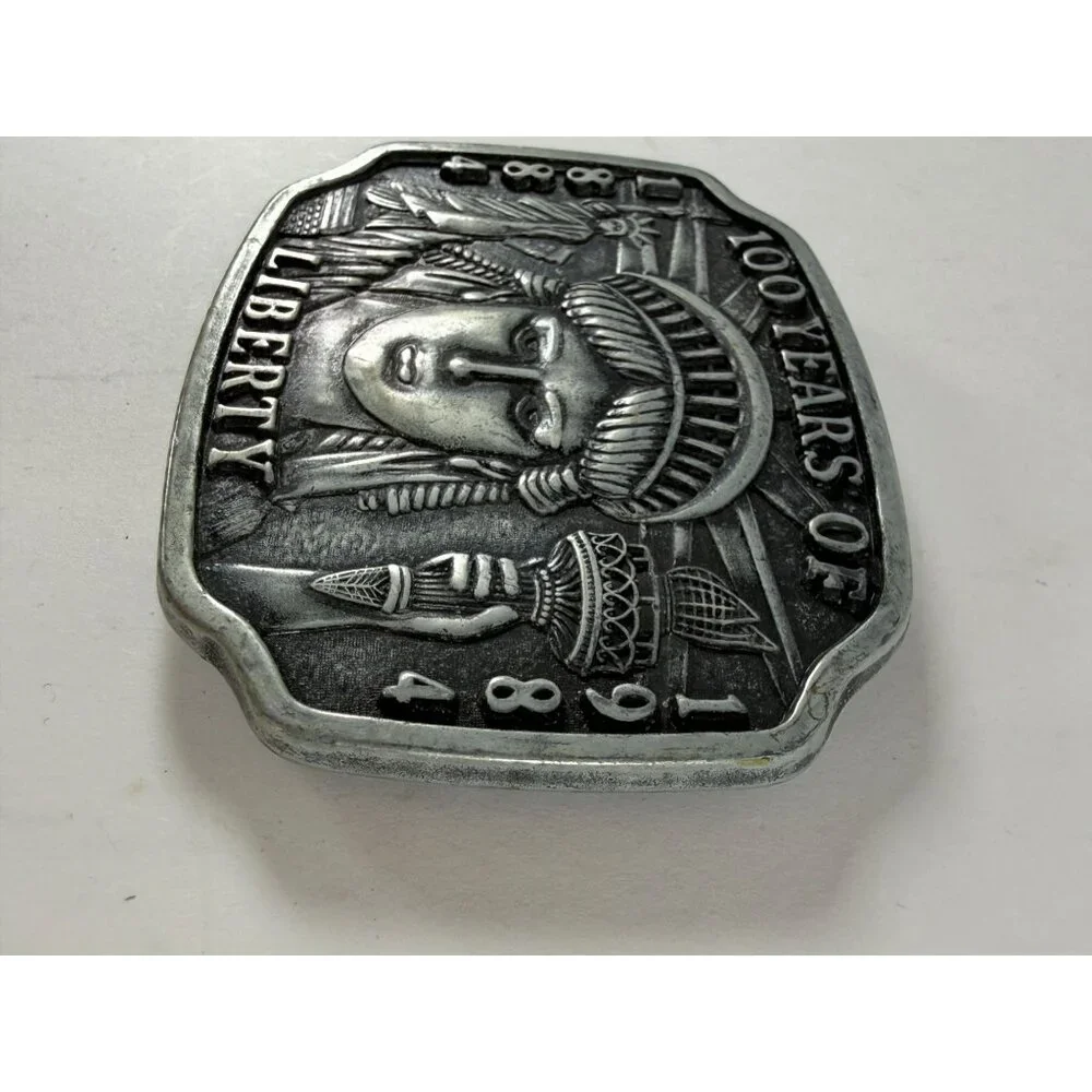 Vintage Liberty 1884-1984 Lady Liberty NYC Design Silver Tone Metal Belt Buckel